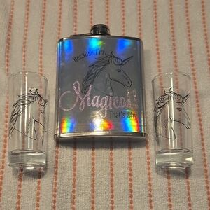 Unicorn Flask and Shot Glass Set - Silver